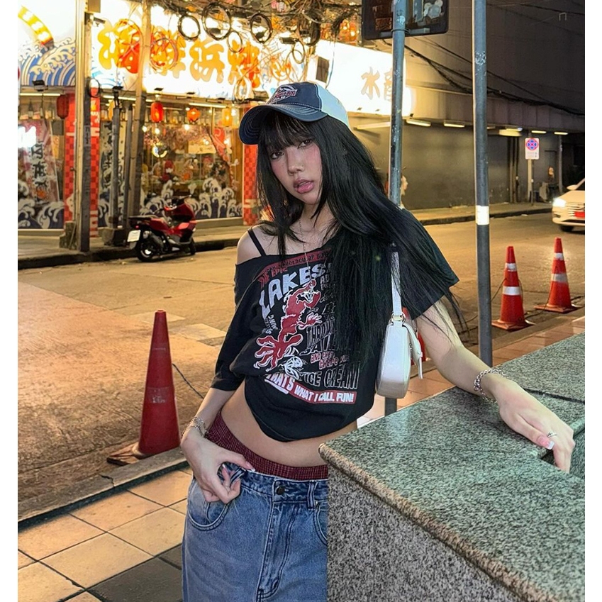Cutenew In Hình Áo Thun Nữ Mùa Hè Retro Nhân Quả Phong Cách Đường Phố Crop Top