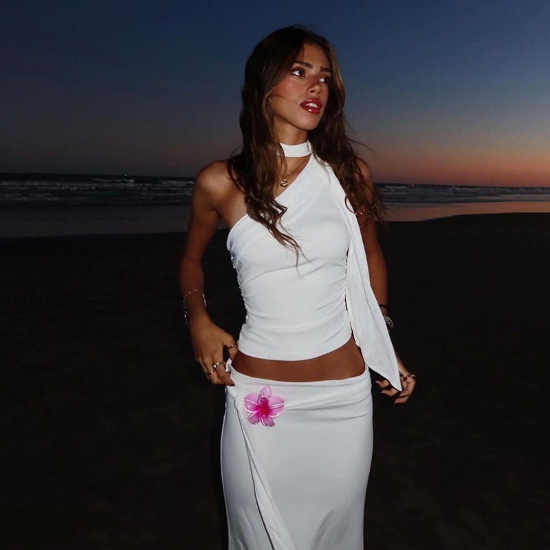 Cutenew Retro Ruched Tank Top Nữ Mùa Hè Đa Năng Bất Đối Xứng Crop Top Với Cổ Thắt Khăn Phong Cách Đường Phố