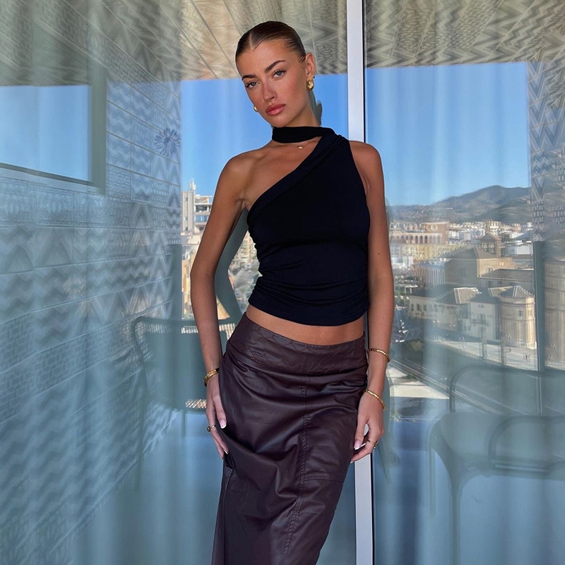 Cutenew Retro Ruched Tank Top Nữ Mùa Hè Đa Năng Bất Đối Xứng Crop Top Với Cổ Thắt Khăn Phong Cách Đường Phố
