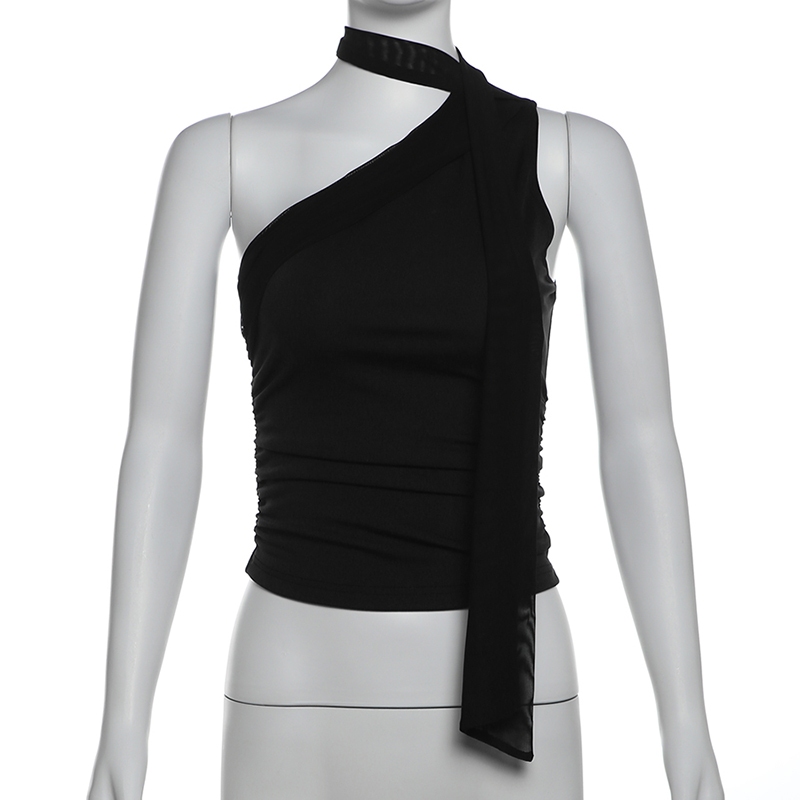 Cutenew Retro Ruched Tank Top Nữ Mùa Hè Đa Năng Bất Đối Xứng Crop Top Với Cổ Thắt Khăn Phong Cách Đường Phố