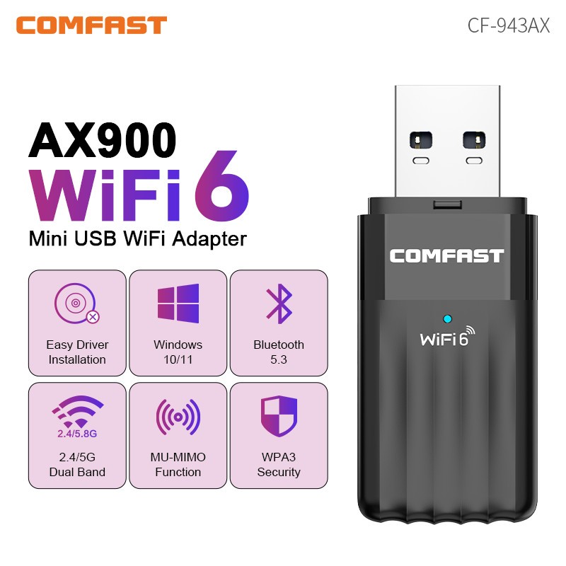 Comfast USB Wifi6 Adapter Bluetooth5.3 Băng tần kép 900Mbps Wifi Dongle ...