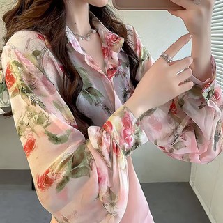 Phong Cách Hàn Quốc Nữ Nữ Voan Hoa Đèn Lồng Dài Tay Áo Sơ Mi Áo Baju Baju Wanita Lengan Panjang