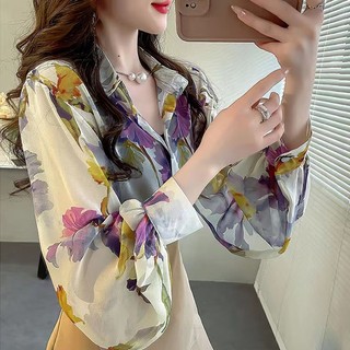 Phong Cách Hàn Quốc Nữ Nữ Voan Hoa Đèn Lồng Dài Tay Áo Sơ Mi Áo Baju Baju Wanita Lengan Panjang