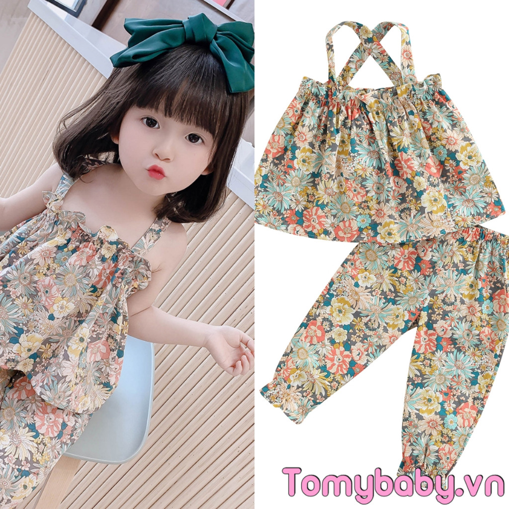 Bộ 2 Bộ Trang Phục Không Tay Lưng Cho Bé Gái Mùa Hè Cho Bé Gái 2 Bộ Quần Hoa Co Giãn