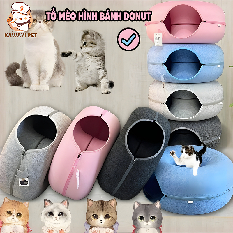 Tổ mèo hình bánh rán, dùng được mọi mùa, tổ nửa kín cho thú cưng, đường ...