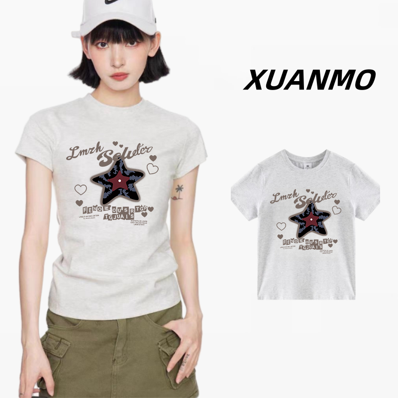 XUANMO Local brand Áo baby tee Áo Thun ôm body Áo y2k cotton Slim-fit dài tay Y2K in hình ngắn tay nữ mùa hè ngắn-