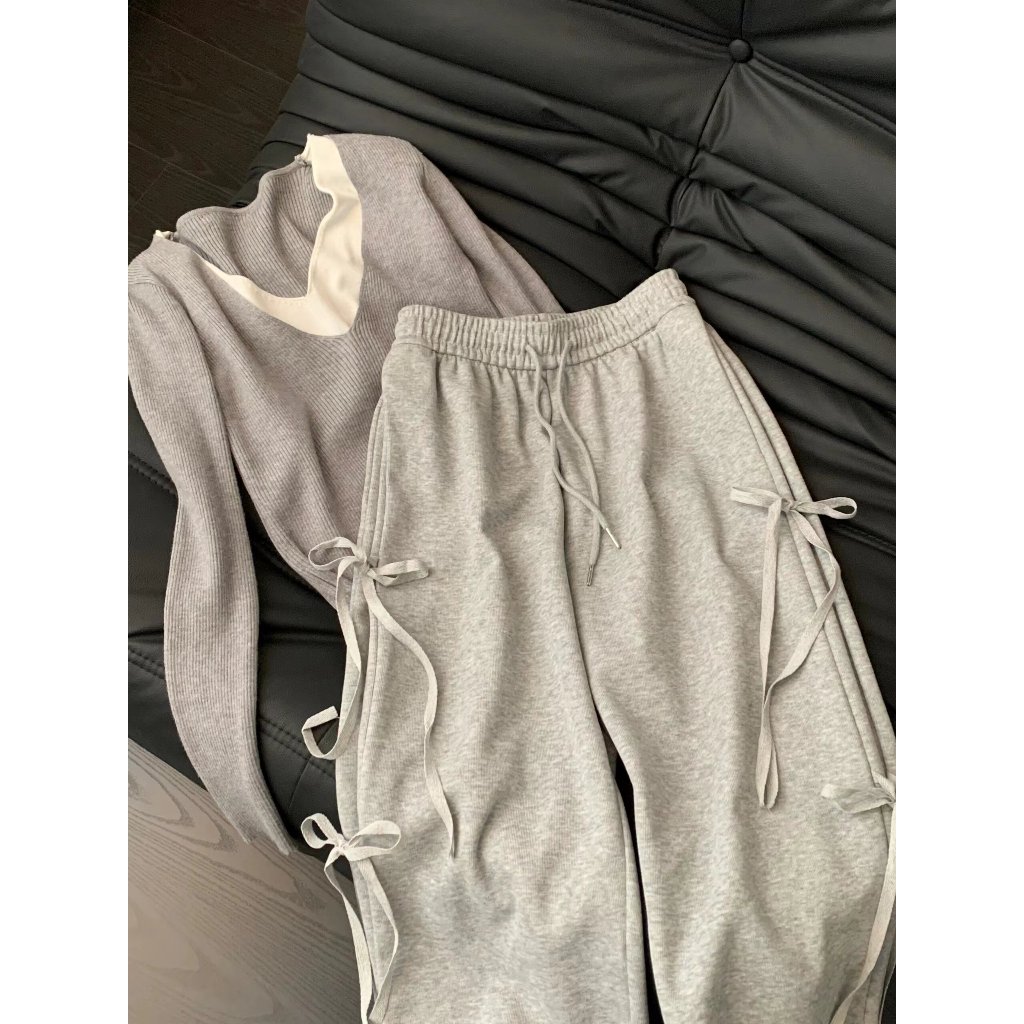 【BANKO】Phiên bản Hàn Quốc dành cho nữ Retro Màu Hồng Nơ Phối Ren Rời Thẳng Quần Thường Ngày