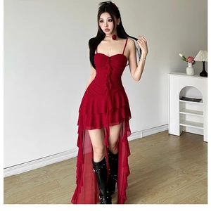Cutenew Ruffle Edge Lưới Ghép Mini Đầm ôm Thanh Lịch Bất Đối Xứng Slim Fit Đầm Ngắn