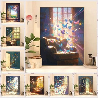 MOZI✨30 * 40cm / 40 * 50cm Bướm bên cửa sổ tranh tô màu theo số tranh số hóa tranh sơn dầu số hoá Cửa Sổ Sill Bướm Tự Làm Kỹ Thuật Số Tranh Sơn Dầu Làm Đầy Tranh Sơn Màu Giải Nén Tranh Vẽ Tay Tranh Sơn Dầu Chữa Bệnh Series