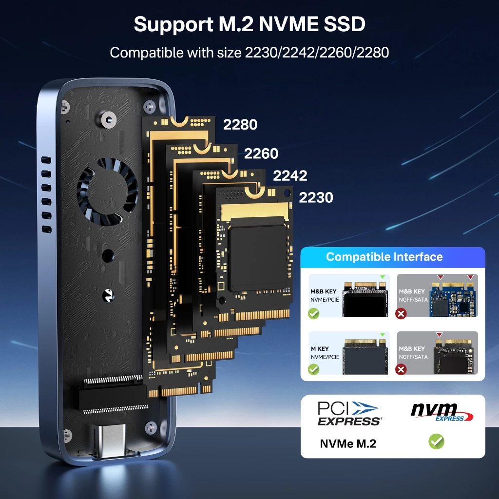 Acasis 10Gpbs Chuyển M.2 NVMe Vỏ SSD có quạt làm mát, USB 3.1 PCIe M.2 NVMe sang USB Bộ chuyển đổi /