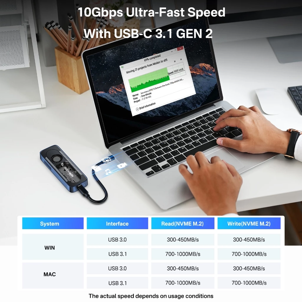 Acasis 10Gpbs Chuyển M.2 NVMe Vỏ SSD có quạt làm mát, USB 3.1 PCIe M.2 NVMe sang USB Bộ chuyển đổi /