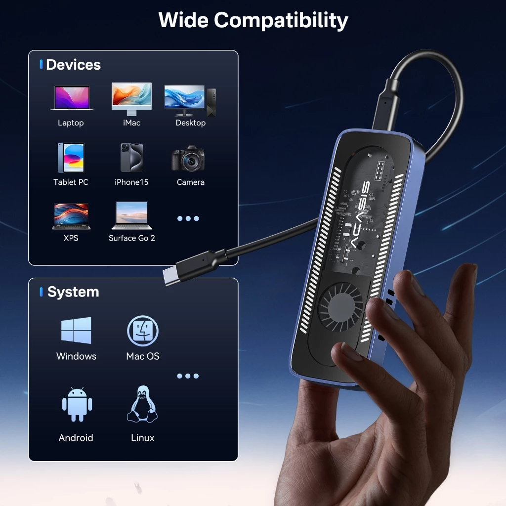 Acasis 10Gpbs Chuyển M.2 NVMe Vỏ SSD có quạt làm mát, USB 3.1 PCIe M.2 NVMe sang USB Bộ chuyển đổi /