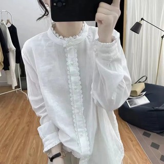 Phong Cách Hàn Quốc Nữ Nữ Rời Cotton Ruffle Ren Áo Sơ Mi Tay Dài Áo Baju Baju Wanita Lengan Panjang