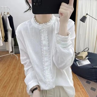 Phong Cách Hàn Quốc Nữ Nữ Rời Cotton Ruffle Ren Áo Sơ Mi Tay Dài Áo Baju Baju Wanita Lengan Panjang
