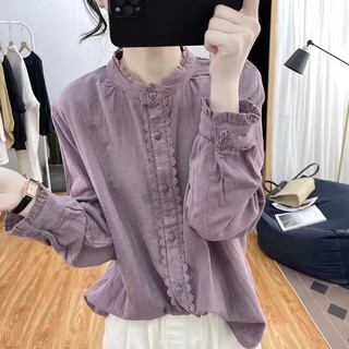 Phong Cách Hàn Quốc Nữ Nữ Rời Cotton Ruffle Ren Áo Sơ Mi Tay Dài Áo Baju Baju Wanita Lengan Panjang