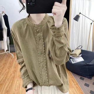Phong Cách Hàn Quốc Nữ Nữ Rời Cotton Ruffle Ren Áo Sơ Mi Tay Dài Áo Baju Baju Wanita Lengan Panjang