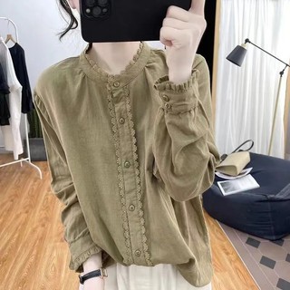 Phong Cách Hàn Quốc Nữ Nữ Rời Cotton Ruffle Ren Áo Sơ Mi Tay Dài Áo Baju Baju Wanita Lengan Panjang