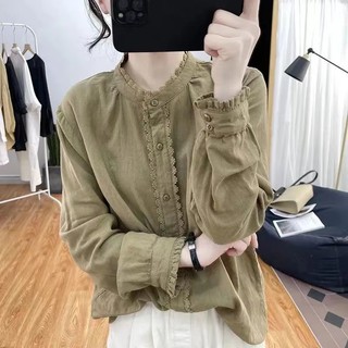 Phong Cách Hàn Quốc Nữ Nữ Rời Cotton Ruffle Ren Áo Sơ Mi Tay Dài Áo Baju Baju Wanita Lengan Panjang