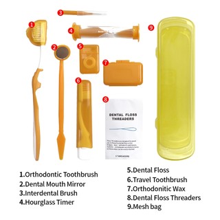 Bộ 8 món portablecare kit chăm sóc răng miệng du lịch: bàn chải kẽ, sáp nha khoa, chỉ nha khoa