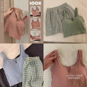 Bộ đồ ngủ mặc nhà Áo Hai Dây phối Quần Short đùi chất siêu mát kèm mút ngực