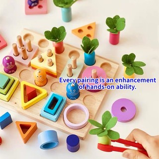 Đồ chơi xếp hình ghép nối khối nhận thức cho trẻ em, dụng cụ hỗ trợ giảng Montessori, bộ hình dạng hình học bằng gỗ, cột bốn trong một, cột trí tuệ, bé trai và bé gái, đồ chơi vui nhộn bằng gỗ