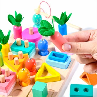Đồ chơi xếp hình ghép nối khối nhận thức cho trẻ em, dụng cụ hỗ trợ giảng Montessori, bộ hình dạng hình học bằng gỗ, cột bốn trong một, cột trí tuệ, bé trai và bé gái, đồ chơi vui nhộn bằng gỗ