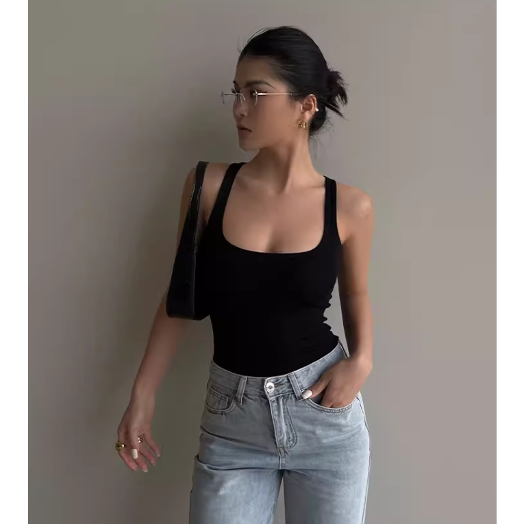 Ngực Siêu Co Giãn Eo Lớn Mỏng Phù Hợp Với Cổ Vuông Đơn Giản Camisole Nhỏ Dễ Thương Mùa Hè Kardashian Áo Vest Vai Nẹp Đáy Bên Trong Gợi Cảm Cô Gái Nóng Không Tay Top Cổ Chữ U Skinny Vest Ôm Phù Hợp Với Nẹp