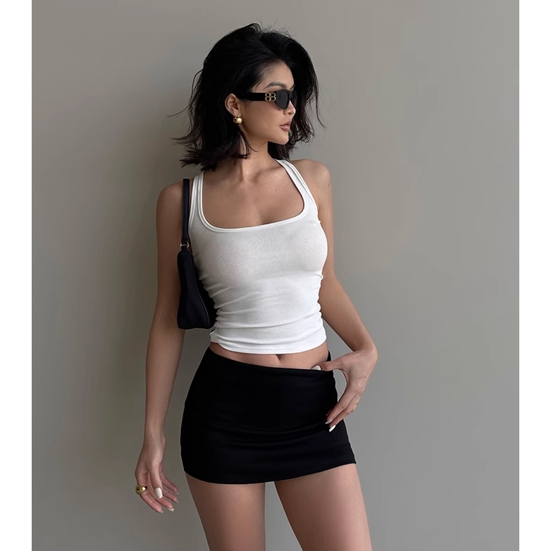 Ngực Siêu Co Giãn Eo Lớn Mỏng Phù Hợp Với Cổ Vuông Đơn Giản Camisole Nhỏ Dễ Thương Mùa Hè Kardashian Áo Vest Vai Nẹp Đáy Bên Trong Gợi Cảm Cô Gái Nóng Không Tay Top Cổ Chữ U Skinny Vest Ôm Phù Hợp Với Nẹp