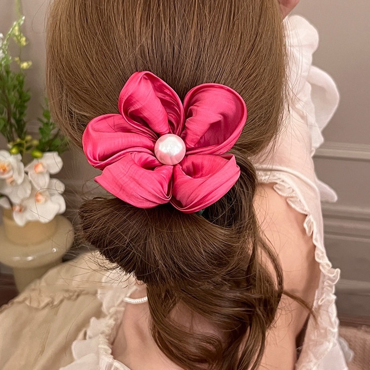 Dây Cột Tóc Scrunchies Bông Hoa Vải Đính Hạt Ngọc Nhân Tạo Phong Cách Retro Hàn Quốc Phụ Kiện Tóc Nữ