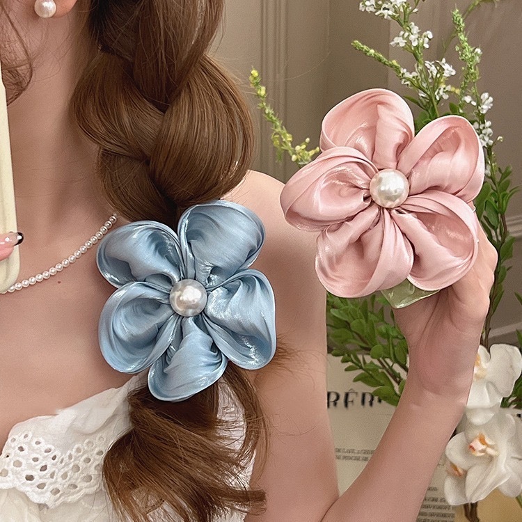 Dây Cột Tóc Scrunchies Bông Hoa Vải Đính Hạt Ngọc Nhân Tạo Phong Cách Retro Hàn Quốc Phụ Kiện Tóc Nữ