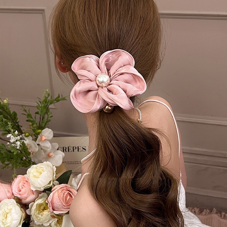 Dây Cột Tóc Scrunchies Bông Hoa Vải Đính Hạt Ngọc Nhân Tạo Phong Cách Retro Hàn Quốc Phụ Kiện Tóc Nữ