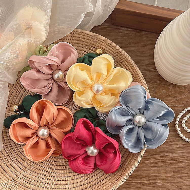 Dây Cột Tóc Scrunchies Bông Hoa Vải Đính Hạt Ngọc Nhân Tạo Phong Cách Retro Hàn Quốc Phụ Kiện Tóc Nữ