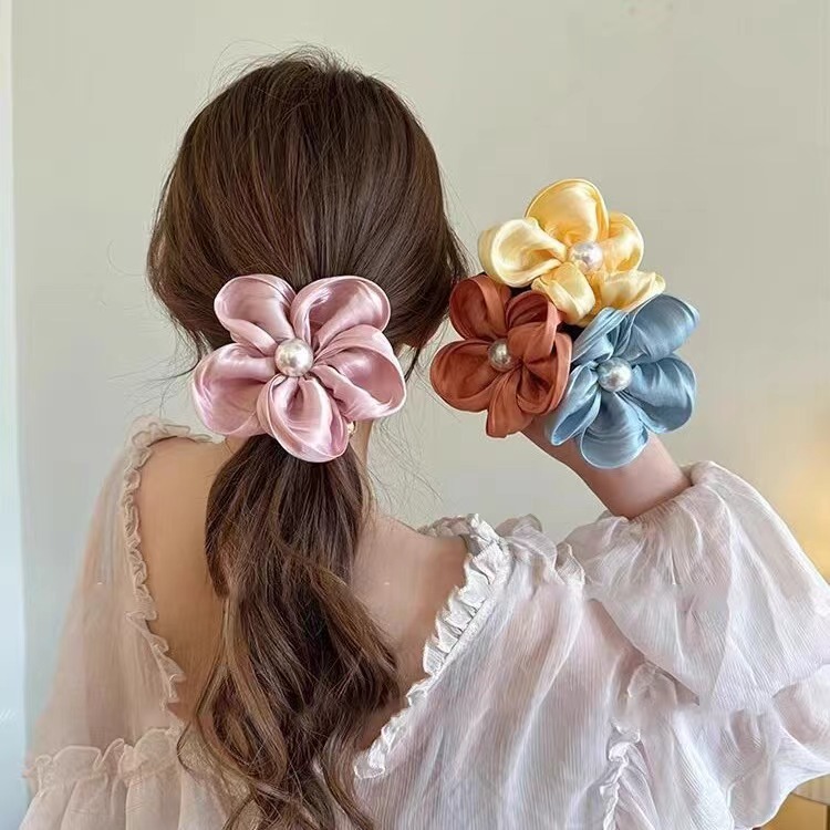Dây Cột Tóc Scrunchies Bông Hoa Vải Đính Hạt Ngọc Nhân Tạo Phong Cách Retro Hàn Quốc Phụ Kiện Tóc Nữ