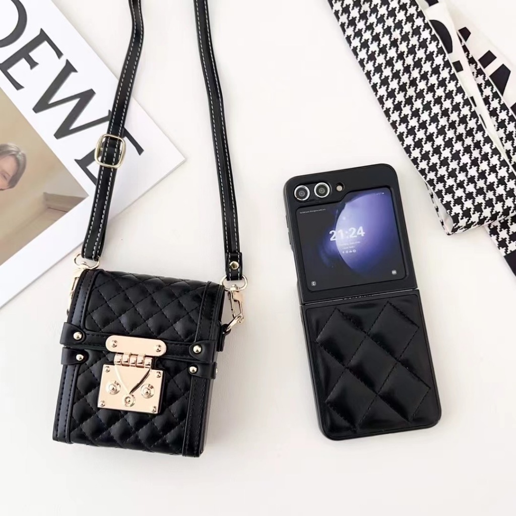 Ốp Điện Thoại Gấp Da Sang Trọng Cho Samsung Galaxy Z Flip 6 5 4 3 2 1 Thiết Kế Phong Cách Đơn Giản Túi Nhỏ Cổ Điển Túi Điện Thoại Di Động Cho Z Flip6 5G Vỏ Bảo Vệ Vỏ Điện Thoại