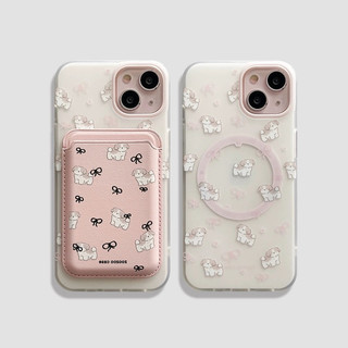 Hộp đựng thẻ ví họa tiết hình chú chó nơ màu hồng cho iPhone15pro 15promax 14 14promax 14pro