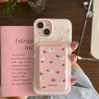Hộp đựng thẻ ví họa tiết hình chú chó nơ màu hồng cho iPhone15pro 15promax 14 14promax 14pro