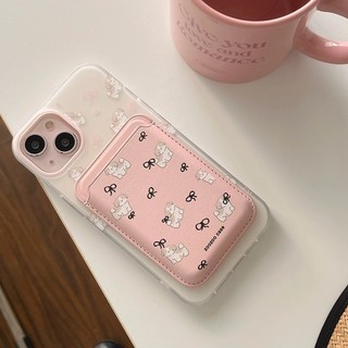 Hộp đựng thẻ ví họa tiết hình chú chó nơ màu hồng cho iPhone15pro 15promax 14 14promax 14pro