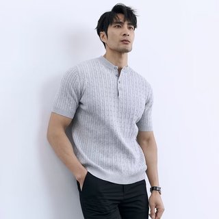 Hàn Quốc Mùa Hè Hàn Quốc Họa Tiết Gai Dầu Băng Lụa Áo Len Tay Ngắn Nam Nhẹ Trưởng Thành Slim-Fit Cổ Tròn Mồ Hôi