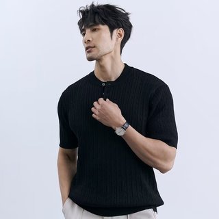 Hàn Quốc Mùa Hè Hàn Quốc Họa Tiết Gai Dầu Băng Lụa Áo Len Tay Ngắn Nam Nhẹ Trưởng Thành Slim-Fit Cổ Tròn Mồ Hôi