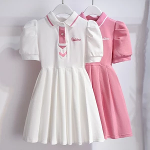 Trẻ Em Phong Cách Mới Thời Trang Váy Ngắn Tay Thời Trang Bé Gái Preppy Phong Cách Ngọt Ngào Xếp Ly Đầm Công Chúa