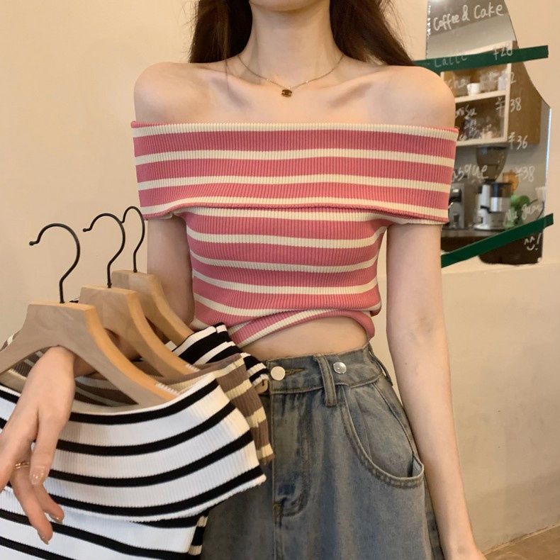 Li ✨Real Shot Áo thun dệt kim ngắn tay sọc một vai mới mùa hè dành cho Slim Top SHU
