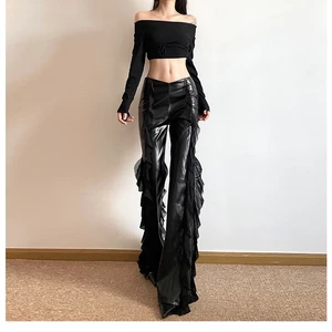 Cutenew Y2K Quần Da PU Nữ Đen Ruffle Phong Cách Đường Phố Cao Cấp Quần loe