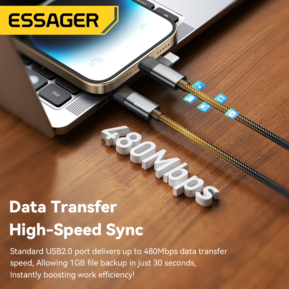 Ảnh Essager 65W Type C / USB-A sang L + C Cáp Sạc Nhanh 2 Trong 1 Cho ip 5 ~ 16 Huawei 3
