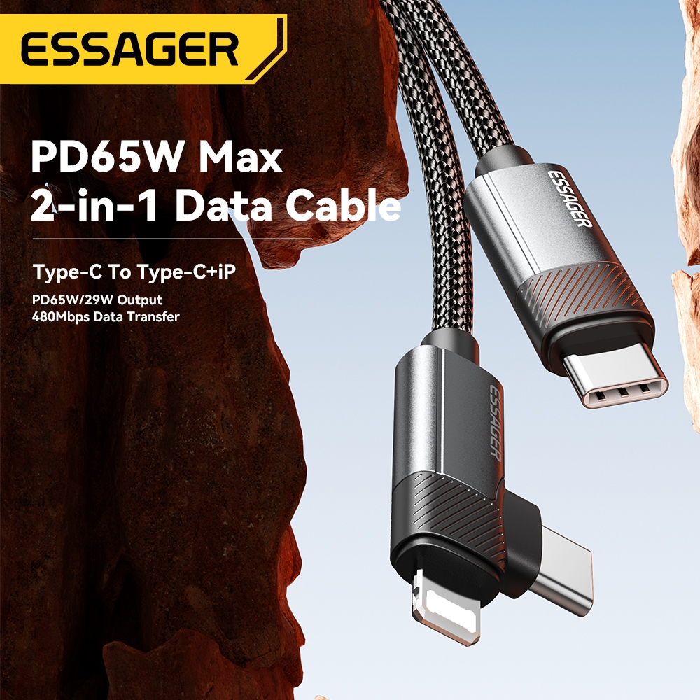 Ảnh Essager 65W Type C / USB-A sang L + C Cáp Sạc Nhanh 2 Trong 1 Cho ip 5 ~ 16 Huawei 2