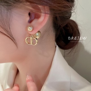 DREJEW Bạc 925 Kim Chữ Heo Mũi Ngọc Trai Bông Tai Thời Trang Ánh Sáng Sang Trọng Cao Cấp Hai Mặt Bông Tai Tính Khí Cho Nữ