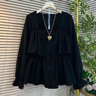 Phong Cách Hàn Quốc Nữ Nữ Rời Baggy Plus Kích Thước Cổ Vuông Ruffle Áo Sơ Mi Tay Dài Áo Baju Baju Wanita Lengan Panjang Hàng Mới Sẵn Có