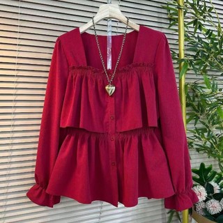Phong Cách Hàn Quốc Nữ Nữ Rời Baggy Plus Kích Thước Cổ Vuông Ruffle Áo Sơ Mi Tay Dài Áo Baju Baju Wanita Lengan Panjang Hàng Mới Sẵn Có
