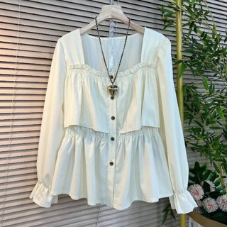 Phong Cách Hàn Quốc Nữ Nữ Rời Baggy Plus Kích Thước Cổ Vuông Ruffle Áo Sơ Mi Tay Dài Áo Baju Baju Wanita Lengan Panjang Hàng Mới Sẵn Có