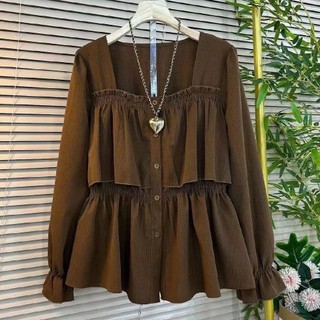 Phong Cách Hàn Quốc Nữ Nữ Rời Baggy Plus Kích Thước Cổ Vuông Ruffle Áo Sơ Mi Tay Dài Áo Baju Baju Wanita Lengan Panjang Hàng Mới Sẵn Có