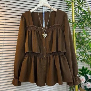 Phong Cách Hàn Quốc Nữ Nữ Rời Baggy Plus Kích Thước Cổ Vuông Ruffle Áo Sơ Mi Tay Dài Áo Baju Baju Wanita Lengan Panjang Hàng Mới Sẵn Có